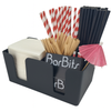 BarBits straw and napkin holder with straws, napkins, and a pink paper umbrella on a white background