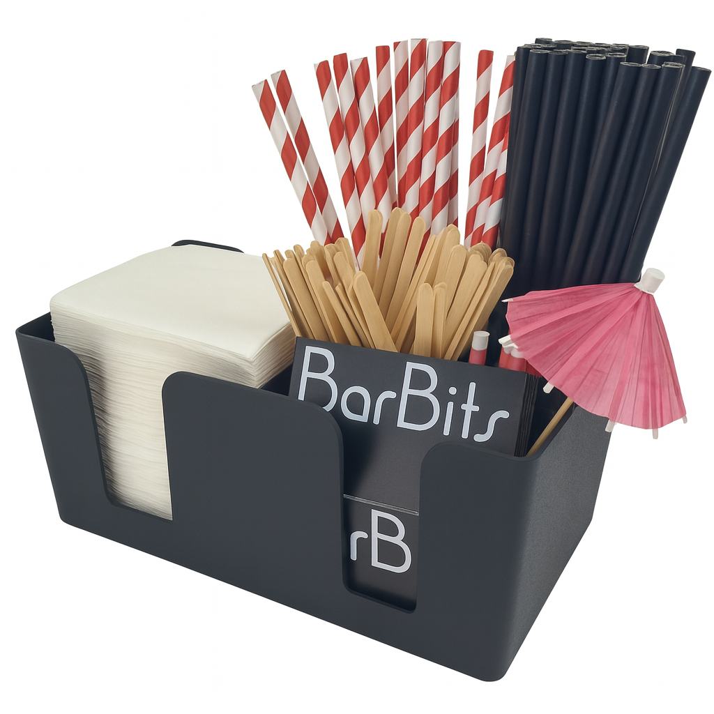 BarBits straw and napkin holder with straws, napkins, and a pink paper umbrella on a white background