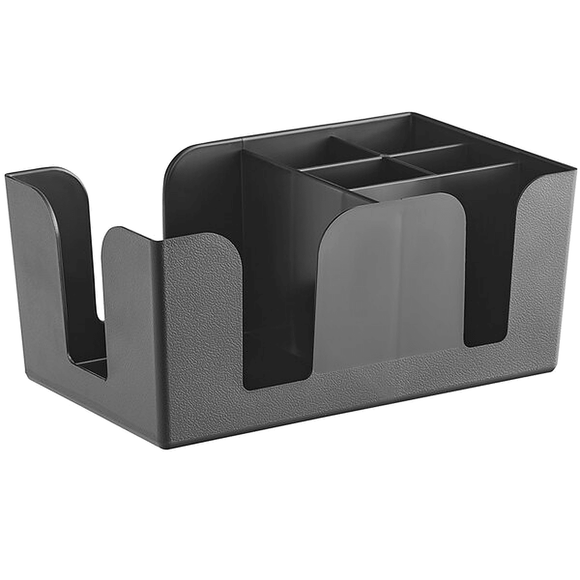 Black bar caddy desk organizer with multiple compartments on a white background perfect for paper straws napkins cocktail supplies.