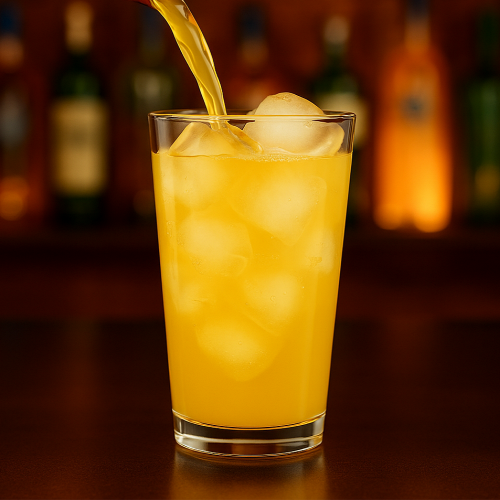 Orange juice being poured into a glass with ice cubes, with bottles in the background.