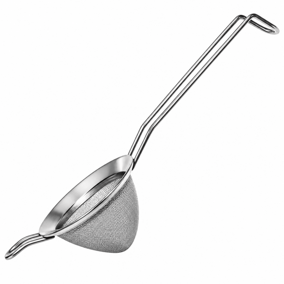 A stainless steel Cocktail strainer with a round mesh filter and a long, curved handle, shown on a plain white background.