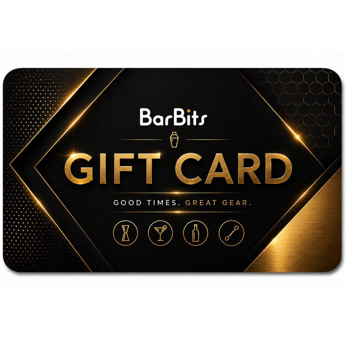A BarBits gift card with a black and gold design, featuring the BarBits logo and the words 'GIFT CARD' in large gold letters, with small icons for a shaker, cocktail glass, bottle, and spoon below.