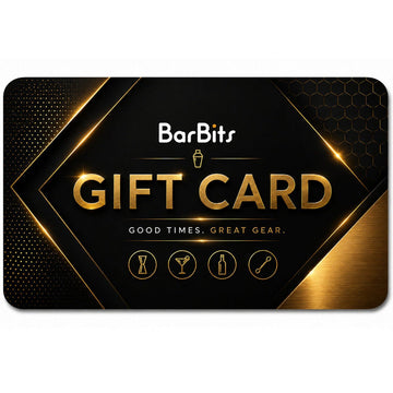 A BarBits gift card with a black and gold design, featuring the BarBits logo and the words 'GIFT CARD' in large gold letters, with small icons for a shaker, cocktail glass, bottle, and spoon below.