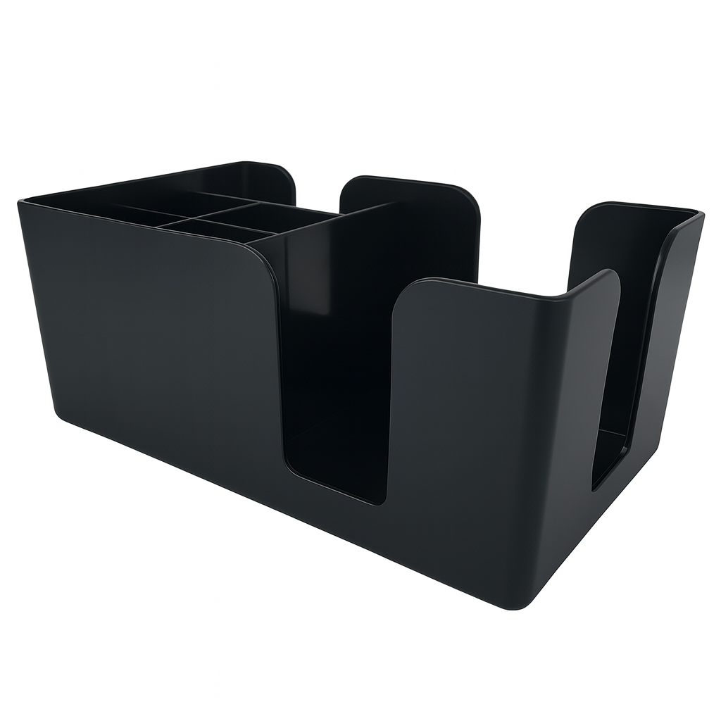 Black office organizer with multiple compartments on a white background