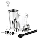 A 8-piece stainless steel and glass cocktail muddler set on a white background, including a shaker, mixing glasses, strainer, muddler, and pourers.