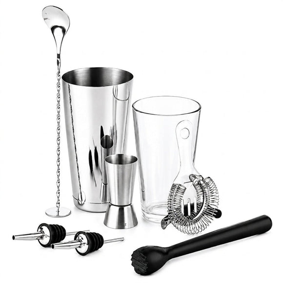 A 8-piece stainless steel and glass cocktail muddler set on a white background, including a shaker, mixing glasses, strainer, muddler, and pourers.