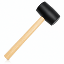 A rubber mallet with a black rubber head and a light natural wood handle, shown diagonally on a clean white background.