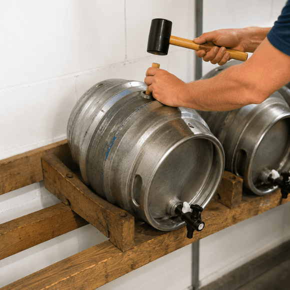 A person's hands use a rubber mallet to tap a stainless steel kegerator on a wooden rack against a white wall.