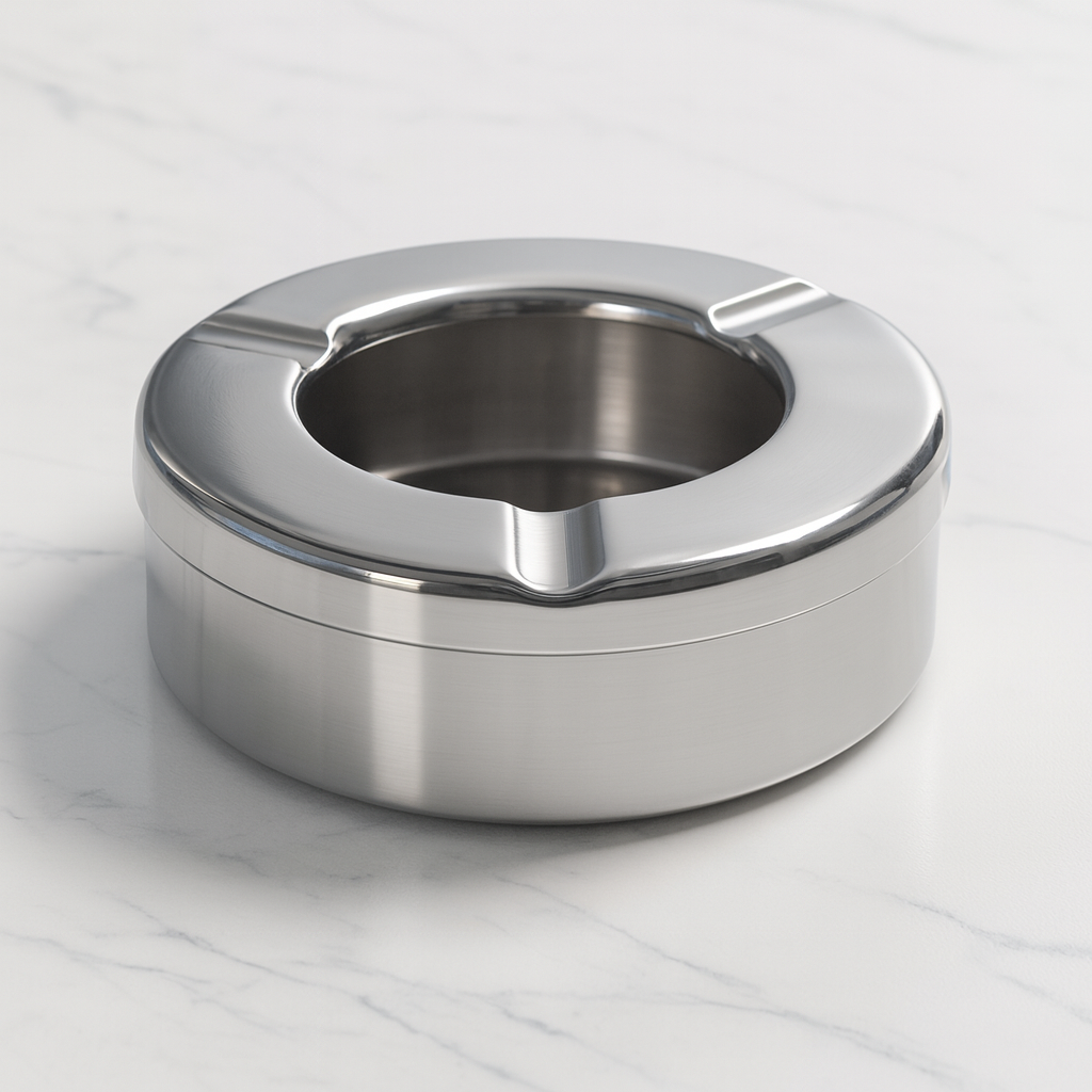 Silver barbits ashtray on a marble surface