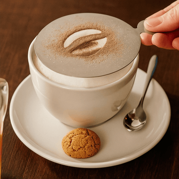 Cappuccino with latte art, cookie, and spoon on a wooden table with stainless coffee bean stencil