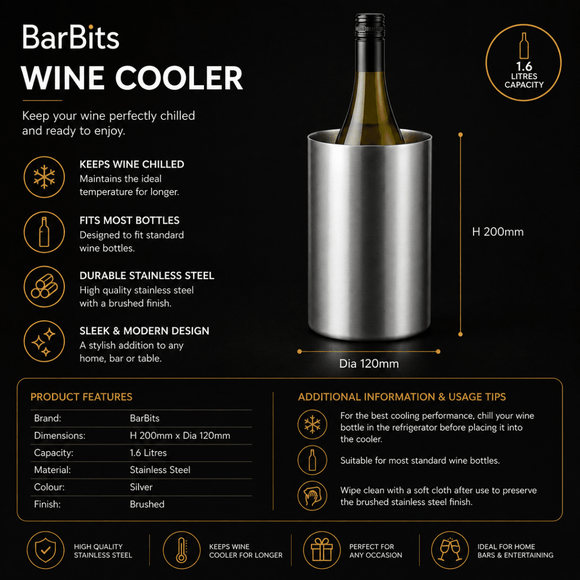 A promotional infographic for a BarBits stainless steel wine cooler, showing a wine bottle inside the cooler on a black background with dimensions, product features, and usage tips.
