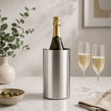 A stainless steel champagne bucket holding a bottle of champagne, styled on a light marble countertop with two filled champagne flutes, a small bowl of olives, and a vase of greenery in a softly lit interior setting.