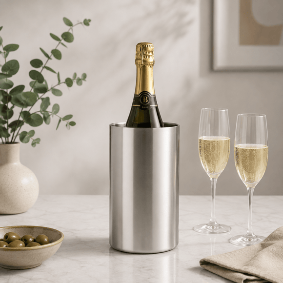 A stainless steel champagne bucket holding a bottle of champagne, styled on a light marble countertop with two filled champagne flutes, a small bowl of olives, and a vase of greenery in a softly lit interior setting.
