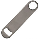 A single gunmetal bar blade bottle opener with a brushed dark gray finish, shown diagonally on a plain white background.