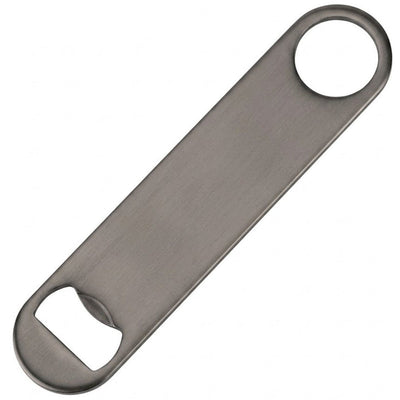 A single gunmetal bar blade bottle opener with a brushed dark gray finish, shown diagonally on a plain white background.
