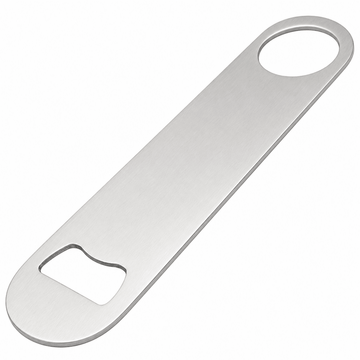 A stainless steel flathead bottle opener with a brushed metal finish, shown diagonally on a plain white background.