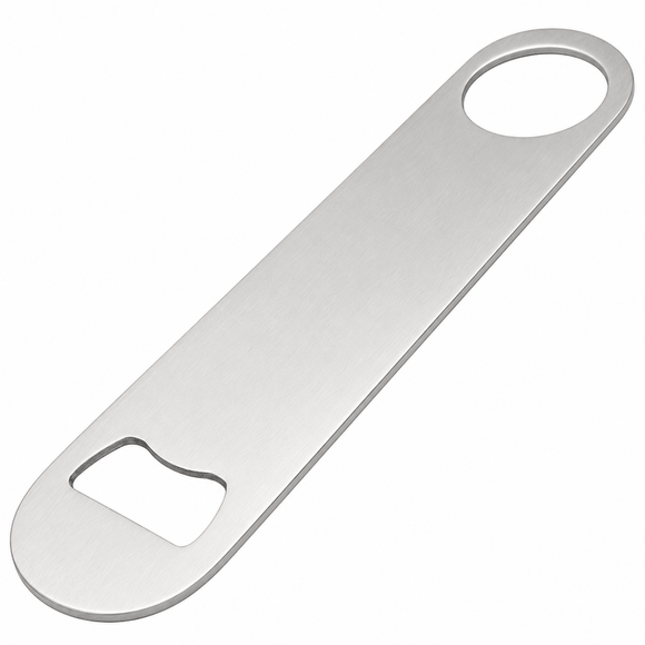 A stainless steel flathead bottle opener with a brushed metal finish, shown diagonally on a plain white background.