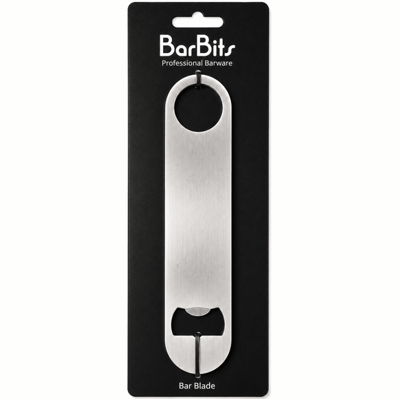 A stainless steel bar blade tool mounted on a black retail card with the brand name BarBits visible at the top.