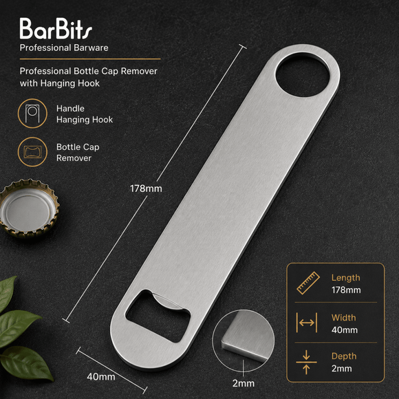 A stainless steel bottle cap remover with a hanging hook, shown on a dark textured background with product dimensions, a close-up of the tip, and a bottle cap placed to the left.