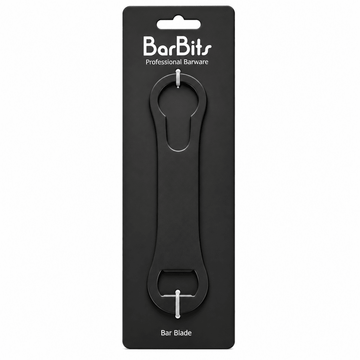 A black metal bar blade tool mounted on a black retail card with the brand name BarBits and the text 'Professional Barware' and 'Bar Blade' visible, photographed on a white background.