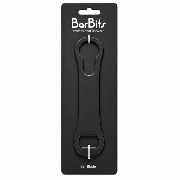 A black metal bar blade tool mounted on a black retail card with the brand name BarBits and the text 'Professional Barware' and 'Bar Blade' visible, photographed on a white background.
