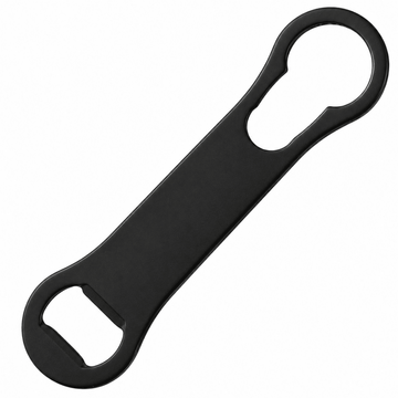 A black bar blade bottle opener with a keyhole-shaped loop on one end and a flat blade on the other, shown diagonally on a plain white background.