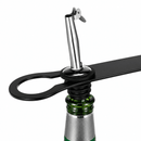 A metal bar blade opener tool resting on top of a green glass bottle neck, shown against a plain white background.