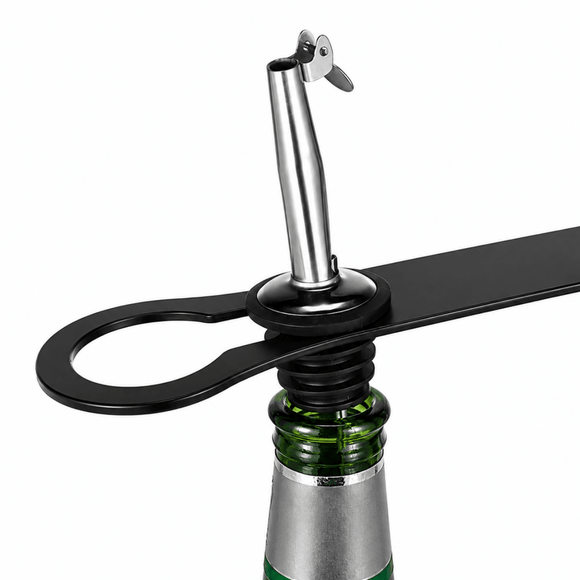 A metal bar blade opener tool resting on top of a green glass bottle neck, shown against a plain white background.