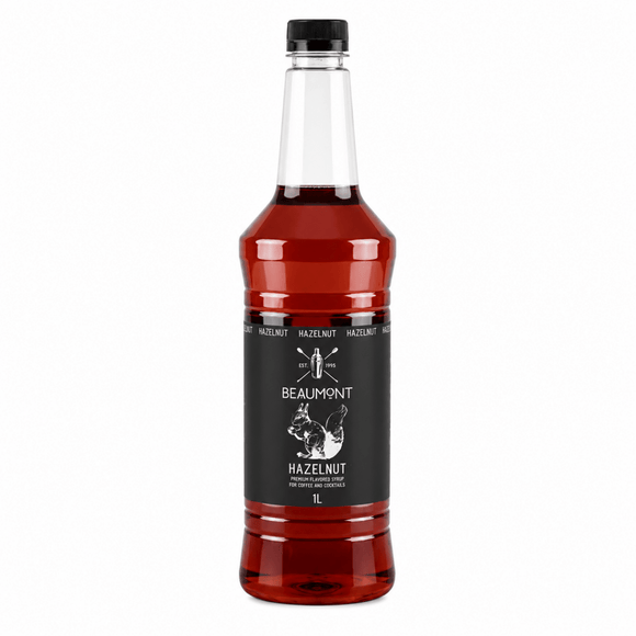 Bottle of Beaumont Hazelnut syrup on a white background