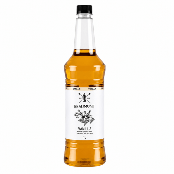 Bottle of Beaumont vanilla syrup on a white background