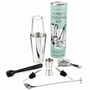 An 8-piece cocktail kit displayed on a clean white background, including stainless steel mixing tools, a clear shaker cup, a black muddler, two pourers, a strainer, and a bar spoon, alongside a mint green cylindrical packaging tube labeled Beaumont Piece Cocktail Kit.