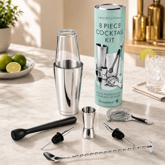 An 8-piece cocktail kit arranged on a light marble countertop beside its mint-green packaging. The set includes a stainless steel shaker, jigger, strainer, muddler, spoon, and pourers, with a glass of mixed drink and limes used as styling props.