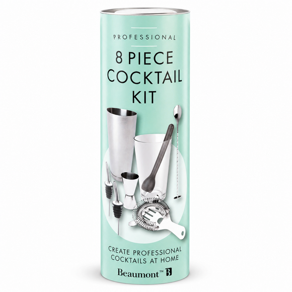Beaumont Professional 8 Piece Cocktail Kit in a tall mint green cylindrical box with illustrations of stainless steel and white bar tools, on a white background.
