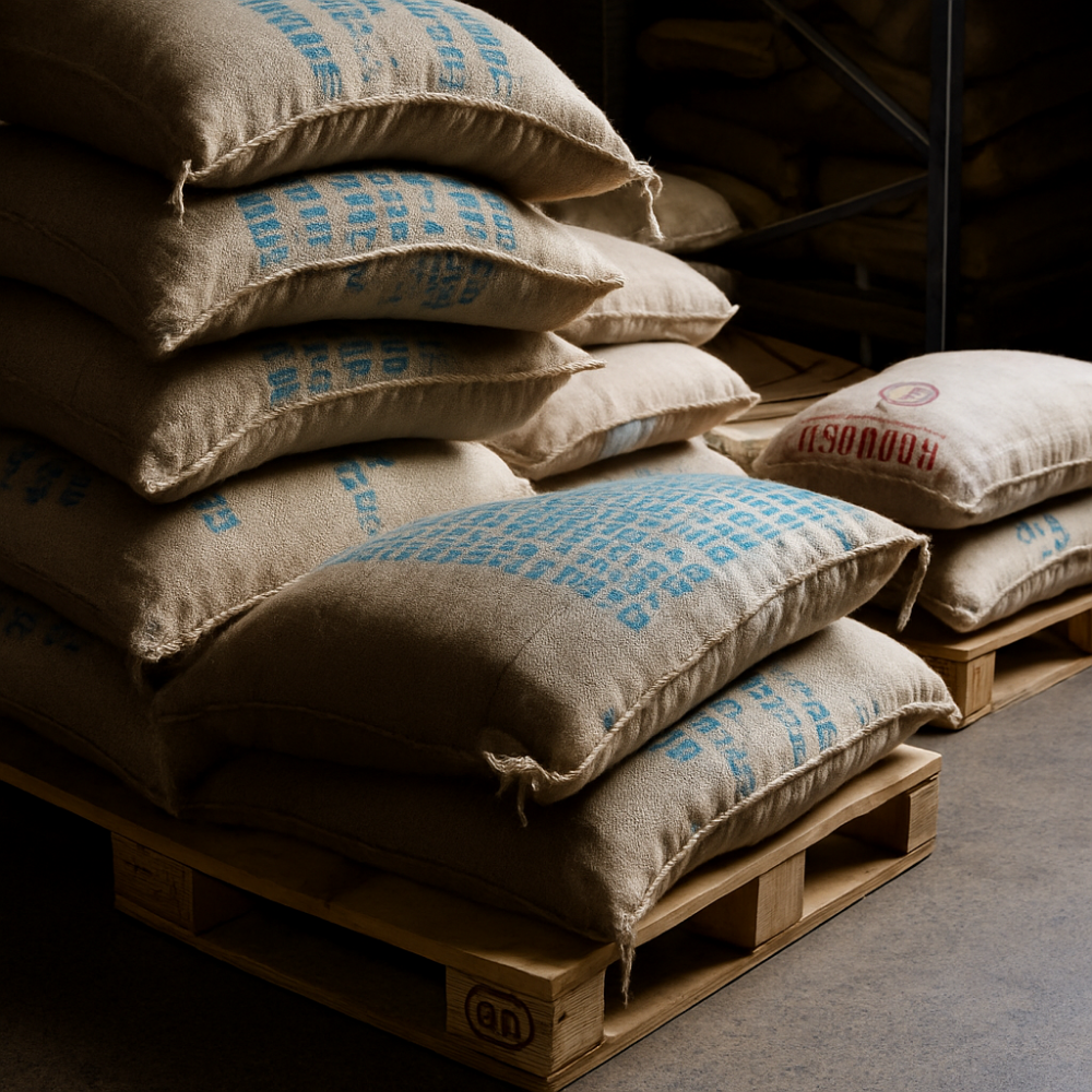 Stack of burlap sacks with visible branding on a wooden pallet.