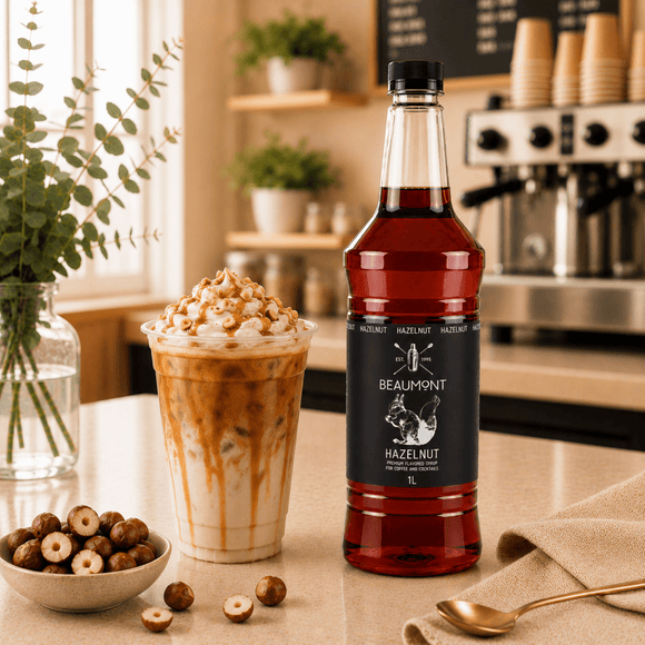 Bottle of Beaumont Hazelnut syrup next to a hazelnut-flavored drink in a coffee shop setting.