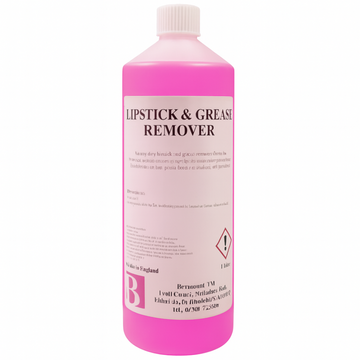 Pink bottle of lipstick and grease remover on a white background