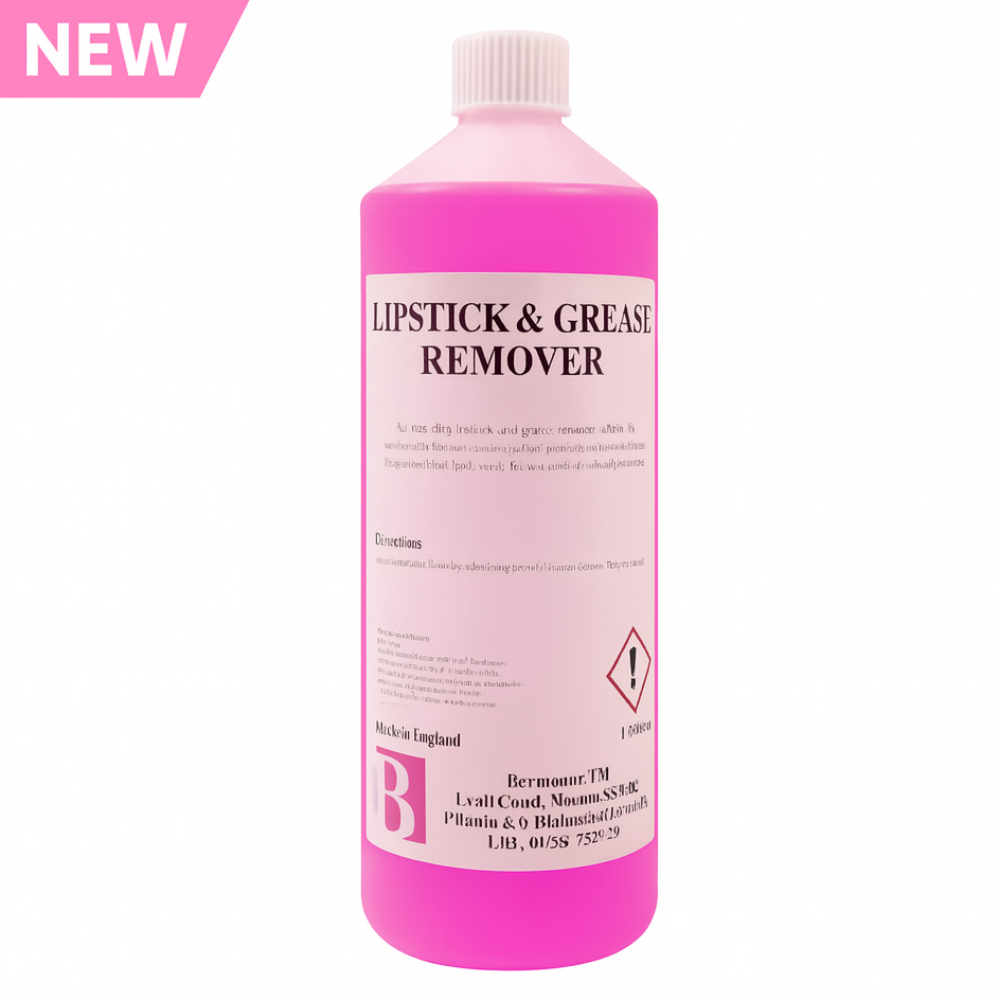 Pink bottle of lipstick and grease remover with a white cap on a white background