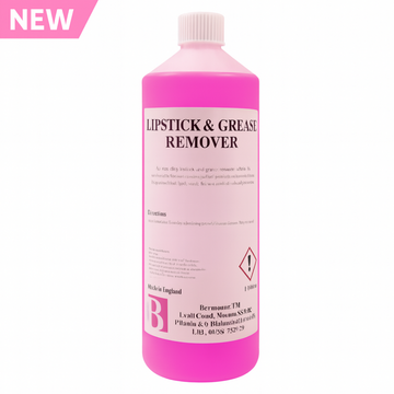 Pink bottle of lipstick and grease remover with a white cap on a white background