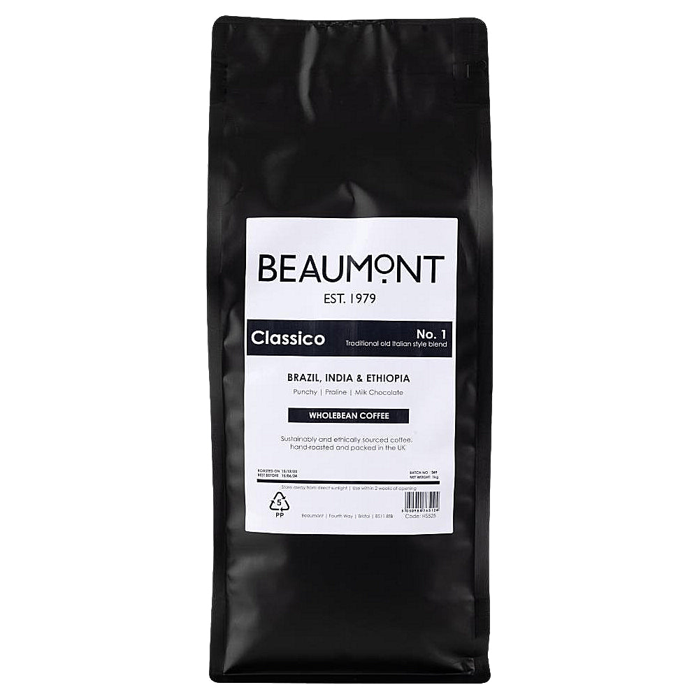 Black coffee bag with Beaumont label on a white background