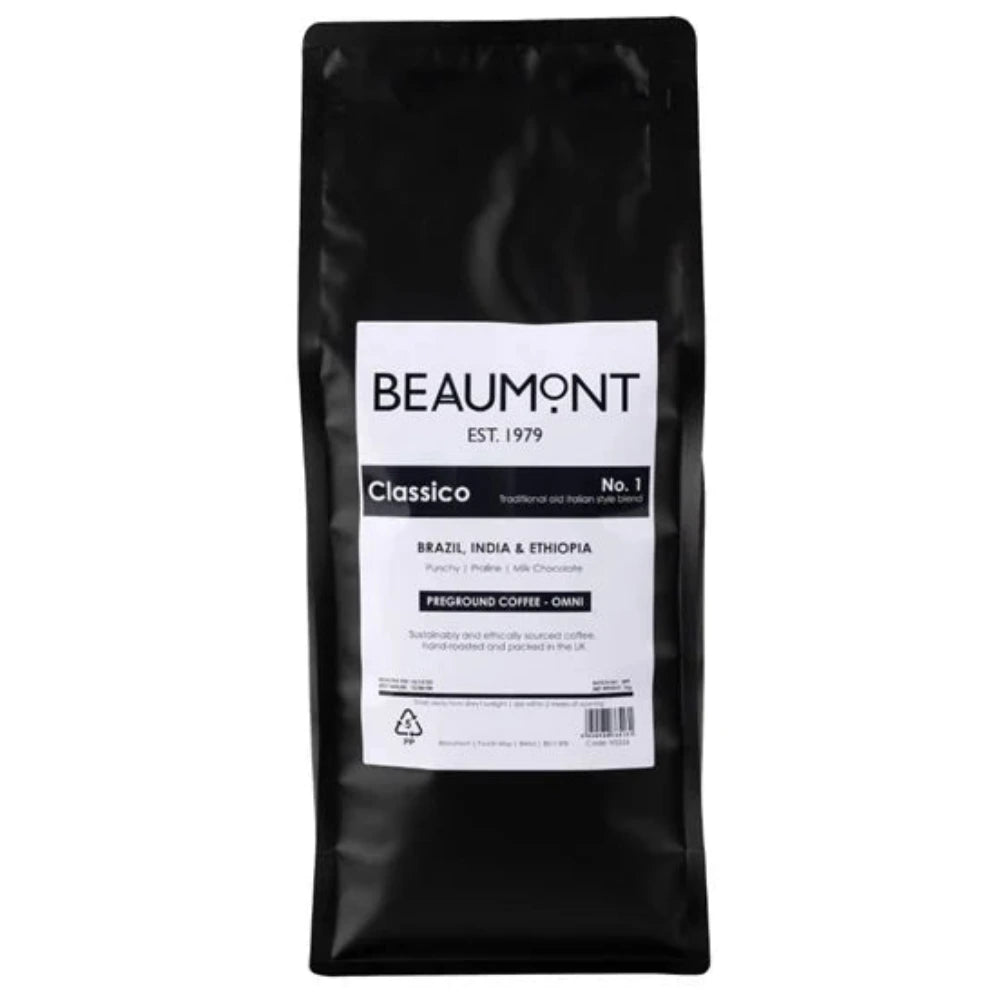 Black coffee bag with Beaumont label on a white background