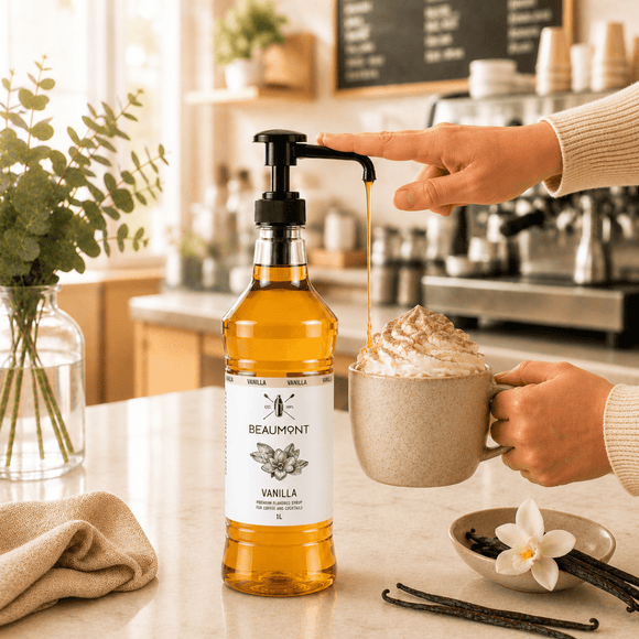 Vanilla syrup being poured into a cup of coffee with a vanilla bean and flower on a kitchen counter.