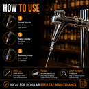 An instructional graphic showing how to use a beer tap cleaning brush. The left side contains a numbered list from 1 to 3 with icons illustrating how to insert the brush, twist it to clean inside, and remove it.