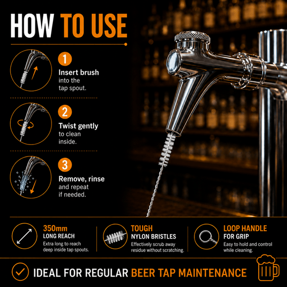 An instructional graphic showing how to use a beer tap cleaning brush. The left side contains a numbered list from 1 to 3 with icons illustrating how to insert the brush, twist it to clean inside, and remove it.