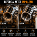 Before and after comparison graphic for beer tap cleaning, showing a close-up of a metal tap mouth with residue buildup on the left ('Before') and a clean, polished appearance on the right ('After'). The graphic includes text explaining the benefits of regular cleaning and six feature icons at the bottom.