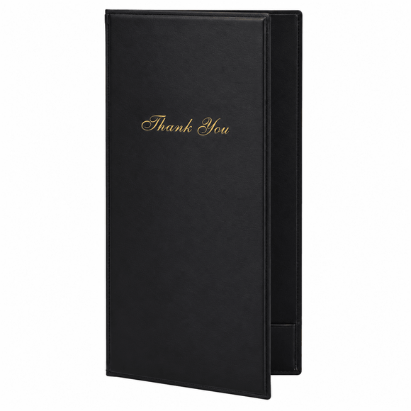 A Black Classic Bill Presenter or folder with 'Thank You' written in gold cursive script on the front, shown against a plain white background.