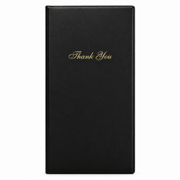 A Black Classic Bill Presenter with a textured finish and the words 'Thank You' printed in elegant gold cursive script on the front, set against a plain white background.