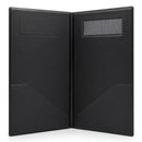 A black faux-leather folder shown open, featuring a left pocket on the left panel, a clear ID window on the right panel, and angled card slots on both lower panels, set against a plain white background.
