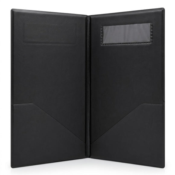 A black faux-leather folder shown open, featuring a left pocket on the left panel, a clear ID window on the right panel, and angled card slots on both lower panels, set against a plain white background.