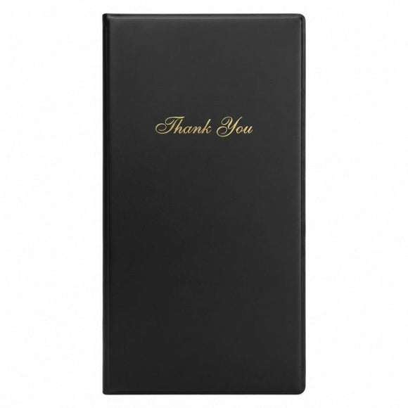 Black Bill Presenter with 'Thank You' in gold on a white background