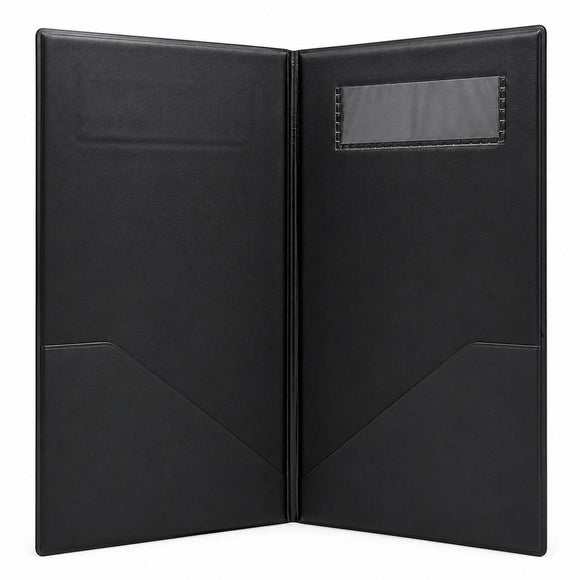 Black menu cover with a pocket on a white background